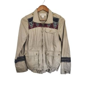 Lucky Brand Live In Love Khaki‎ Linen Western Boho Zip Pockets Jacket Size Small